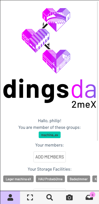 Ein Screenshot von einem Smartphone-Bildschirm mit dem Logo und der Startseite von dingsda2mex.